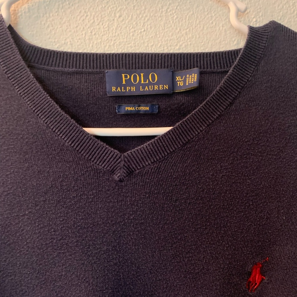 Polo by Ralph Lauren Men's Navy V-Neck Pima Cotton Sweater. XL